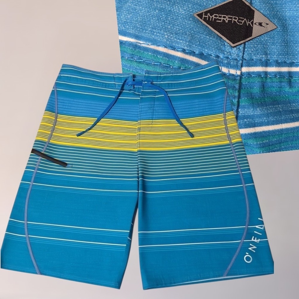 O'Neill Board Shorts Men 32 Blue Yellow Hyperfreak Striped Swim Trunks